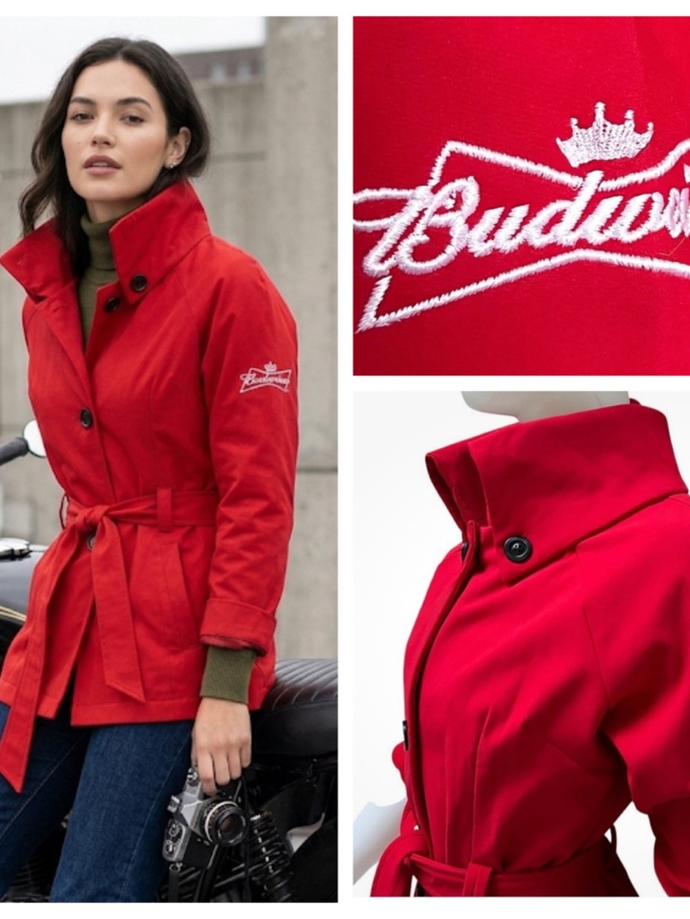 Vintage Lipstick Red Budwezer Trench Coat‎ Jacket Military Preppy Academia 90's